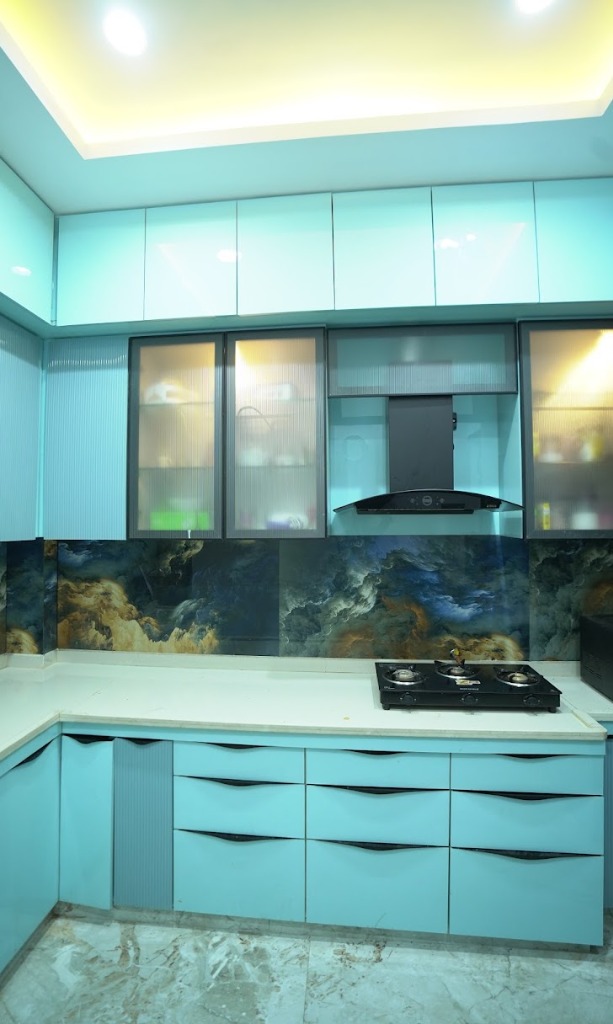 The High-Gloss Turquoise & Reeded Glass Culinary Atelier